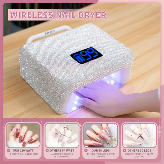 UV LED Nail Lamp 220W with Portable Handle and Sparkly Rhinestones, Wireless Manicuere Curing Light Professional Quick Dry Gel Nails, LCD Screen, Easy to Carry and Move for Salon & Home