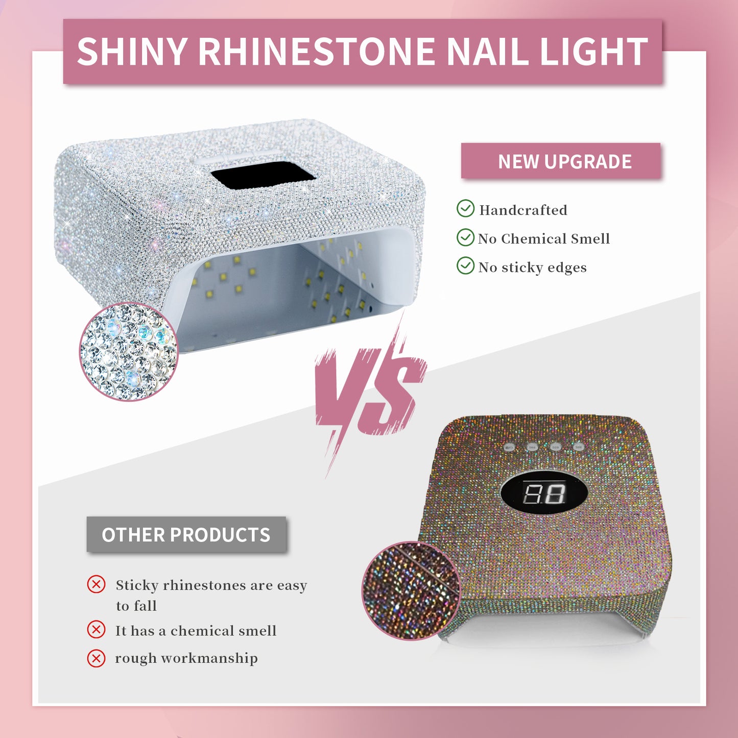 UV LED Nail Lamp 220W with Portable Handle and Sparkly Rhinestones, Wireless Manicuere Curing Light Professional Quick Dry Gel Nails, LCD Screen, Easy to Carry and Move for Salon & Home
