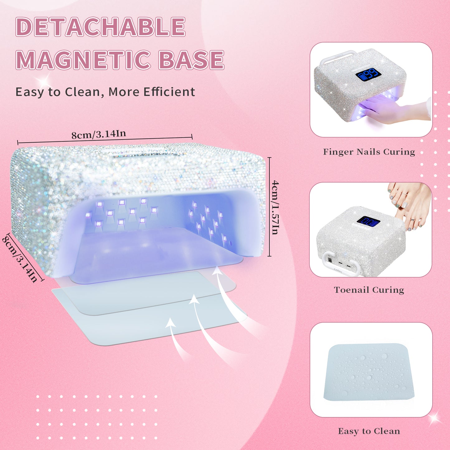 UV LED Nail Lamp 220W with Portable Handle and Sparkly Rhinestones, Wireless Manicuere Curing Light Professional Quick Dry Gel Nails, LCD Screen, Easy to Carry and Move for Salon & Home