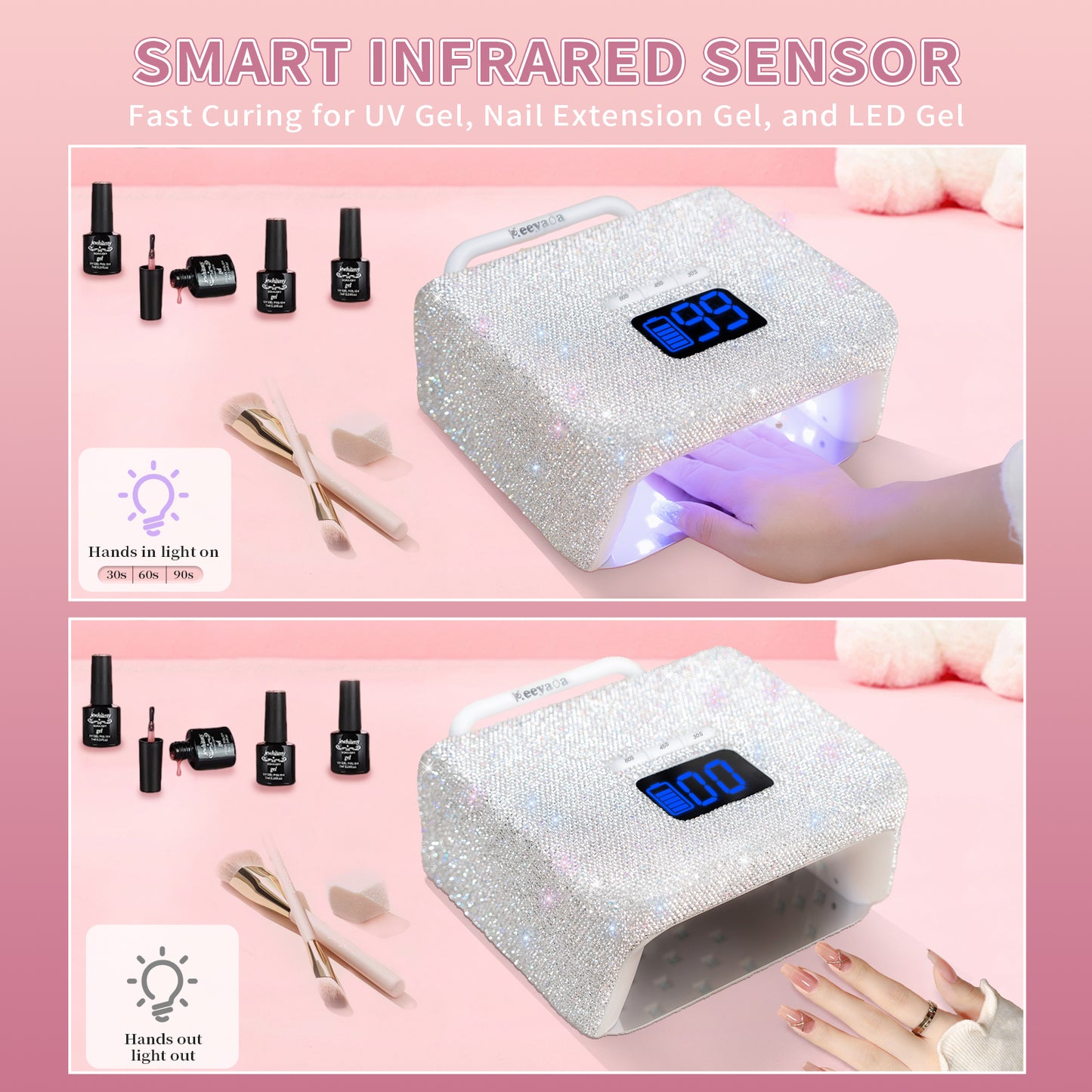 UV LED Nail Lamp 220W with Portable Handle and Sparkly Rhinestones, Wireless Manicuere Curing Light Professional Quick Dry Gel Nails, LCD Screen, Easy to Carry and Move for Salon & Home