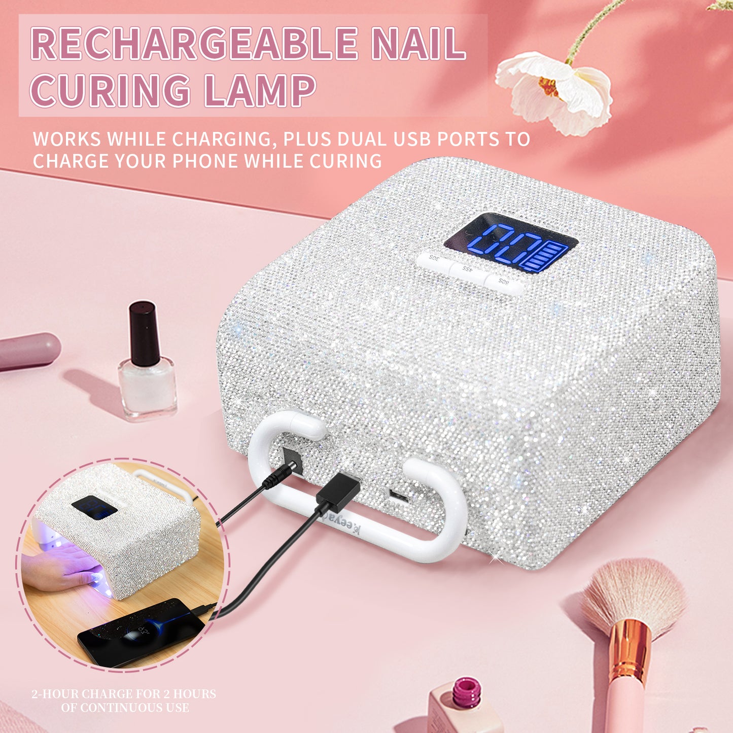 UV LED Nail Lamp 220W with Portable Handle and Sparkly Rhinestones, Wireless Manicuere Curing Light Professional Quick Dry Gel Nails, LCD Screen, Easy to Carry and Move for Salon & Home