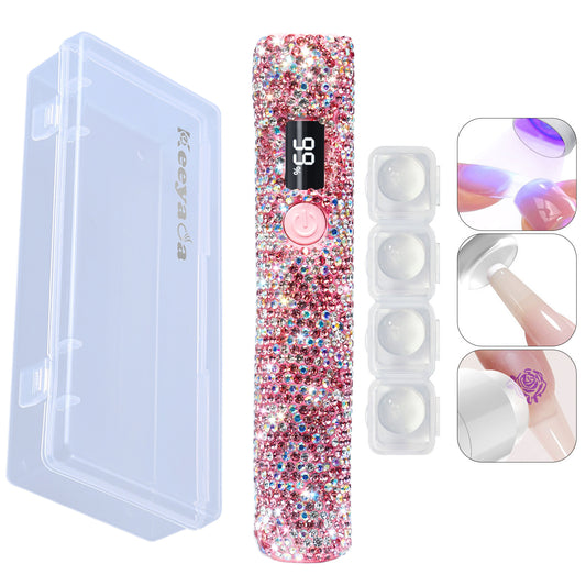 Keeyada 3W Portable LED Nail Lamp with Sparkly Rehinestones, Handheld UV Light, Wireless Rechargeable USB Nail Dryer with Silicone Stamper, LCD Display Screen for Fast Curing Home DIY Manicure Pink