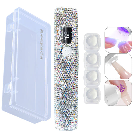 Keeyada Handheld UV Light with Sparkly Rehinestones, 3W Portable LED Nail Lamp, Wireless Rechargeable USB Nail Dryer with Silicone Stamper Display Screen for Fast Curing Home DIY Manicure White